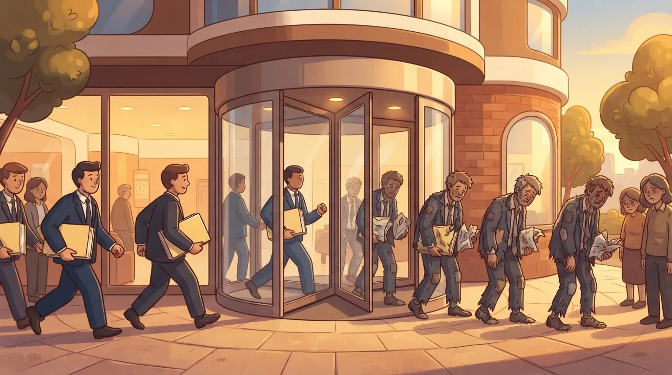 A glass revolving door where every person entering is wearing a brand-new, stiff suit and holding a manual, while every…