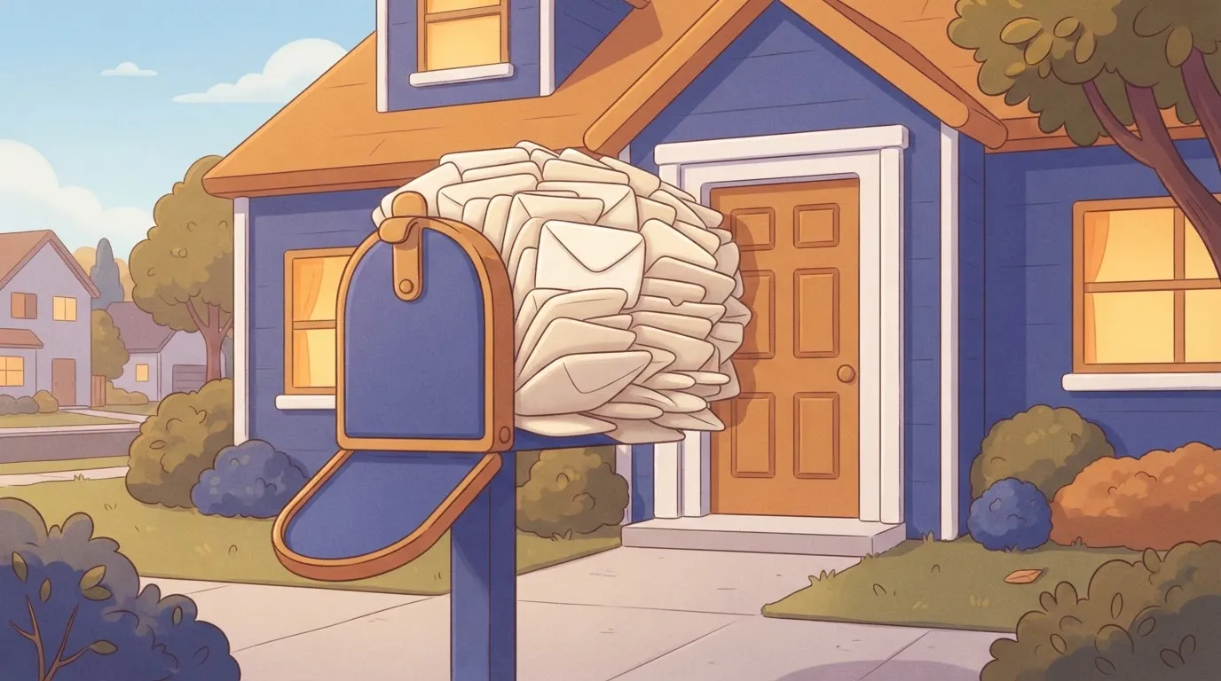 A large mailbox overflowing with so many thick envelopes that the front door of the house behind it is physically blocked…