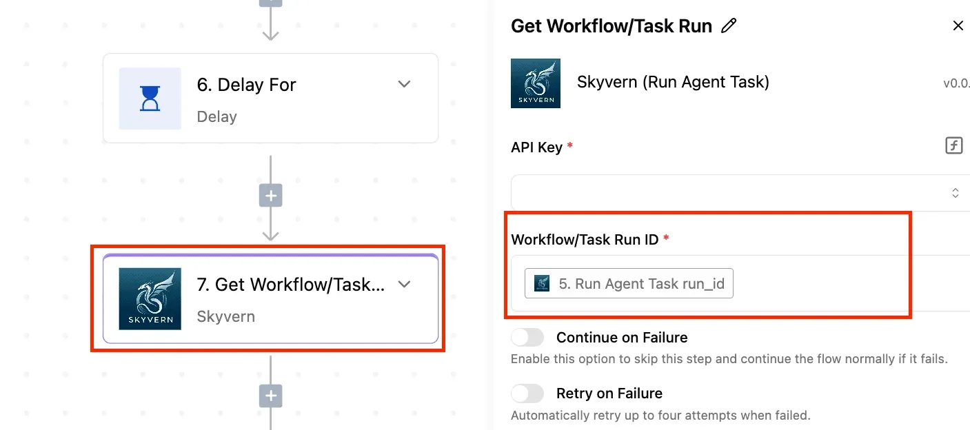 Activepieces workflow builder showing a Skyvern agent task step with API configuration fields and failure handling options.