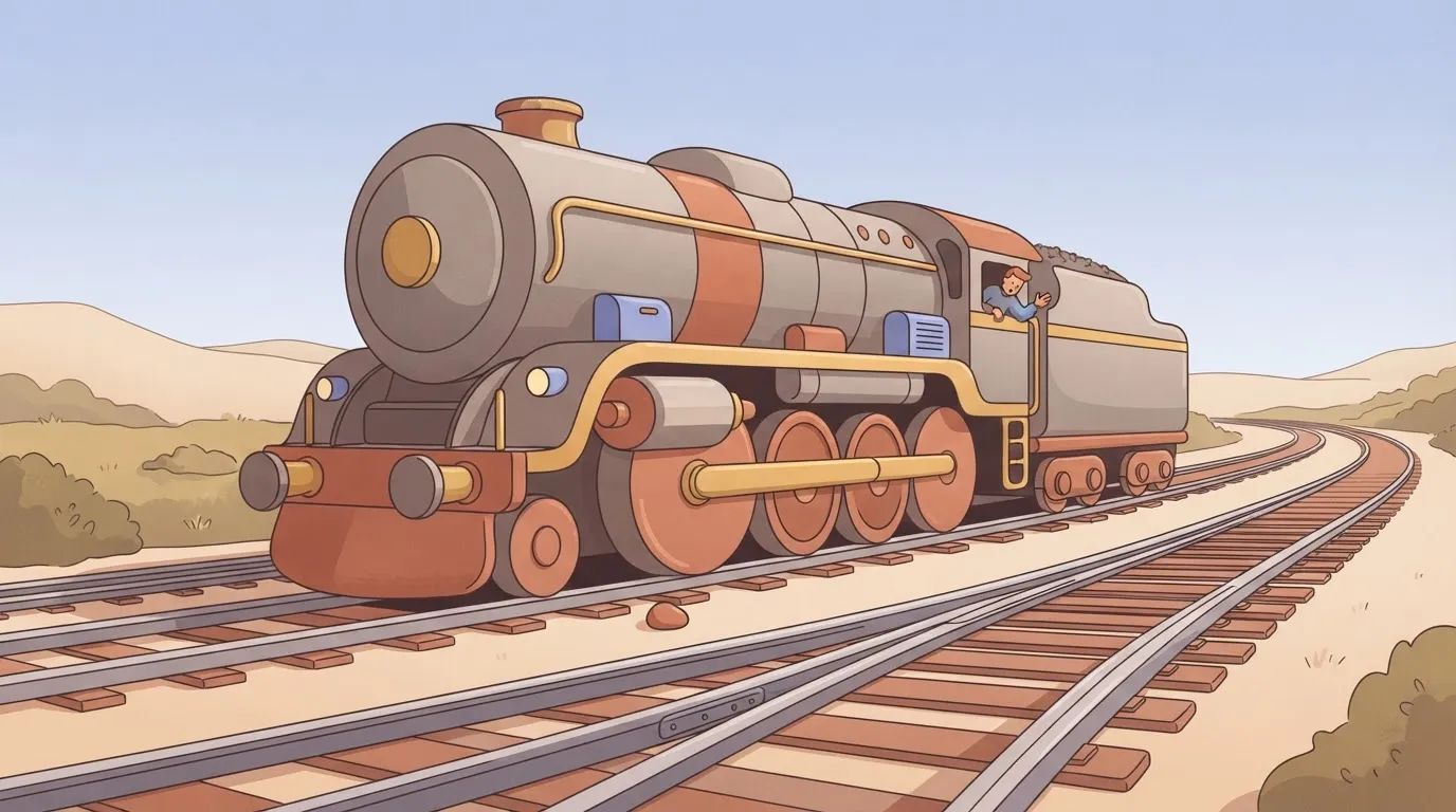 A long, complex railway track where a single tiny pebble sitting on one rail has caused a massive locomotive to come to a…
