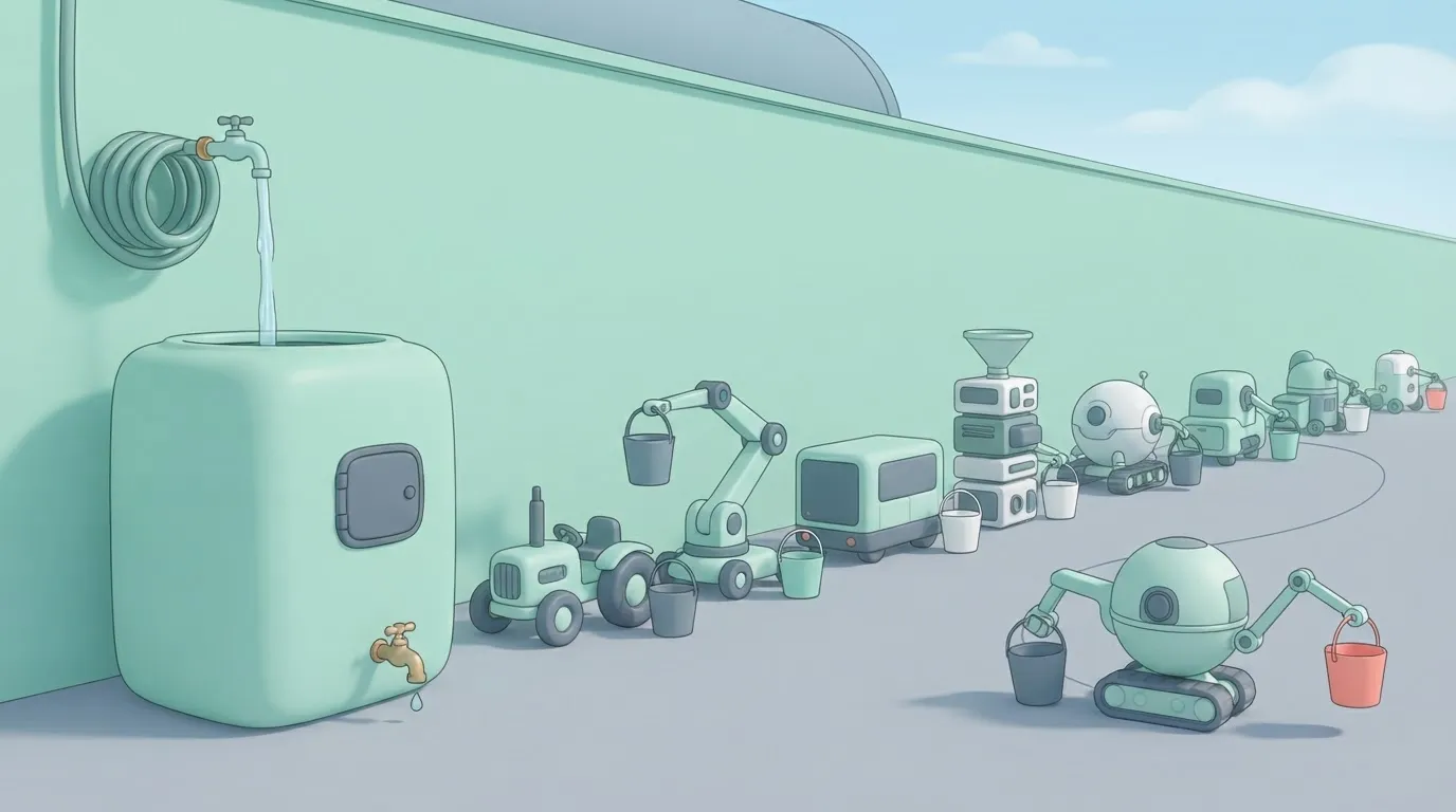 A garden hose running into a large tank that has a single, small spigot at the bottom; a crowd of different machines with…