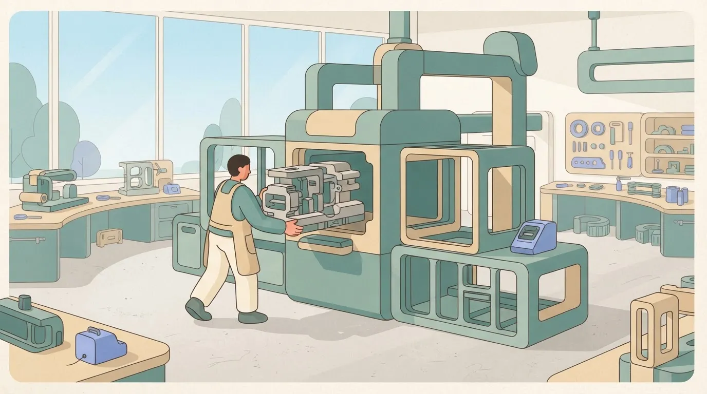 A person in a workshop is sliding a pre-built, finished component into a slot on a large machine that is otherwise…