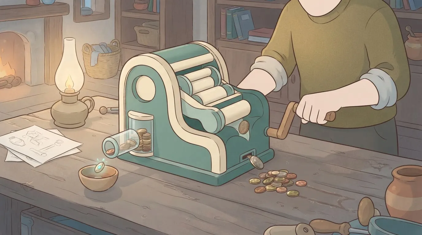 A hand-cranked machine where every turn of the handle consumes a literal physical coin from a small, rapidly dwindling pile…
