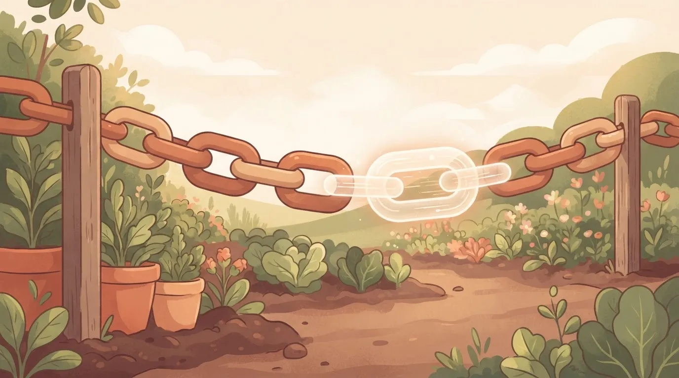 A long industrial chain where every link is a heavy, solid metal loop, except for one link which has been replaced by a…
