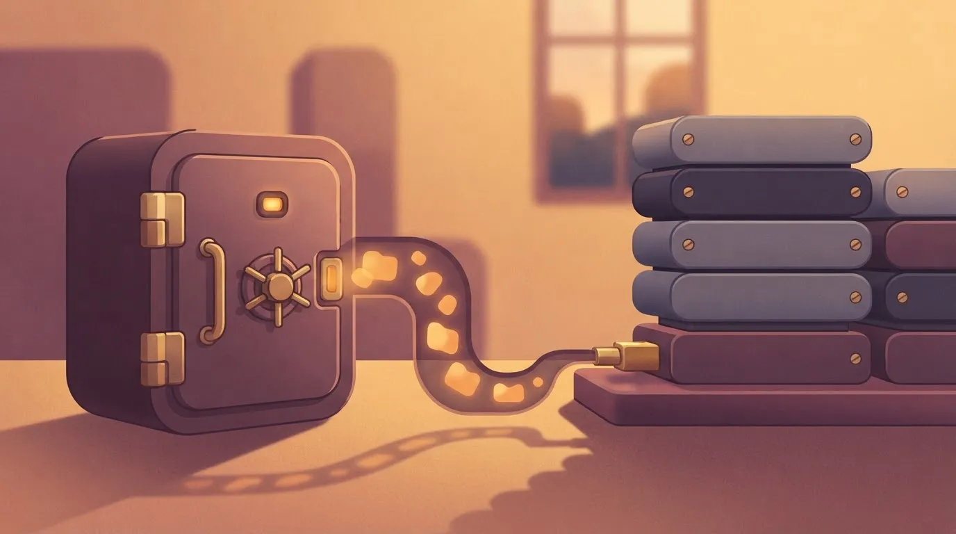 A digital vault representing an external secret manager, shown separate from a stack of hard drives representing the…