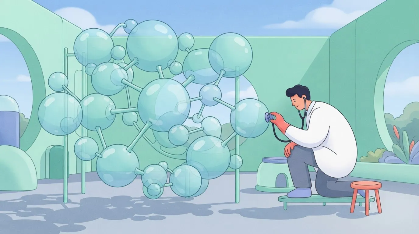 A technician with a stethoscope pressed against one specific bubble in a dense, sprawling cluster of interconnected glass…