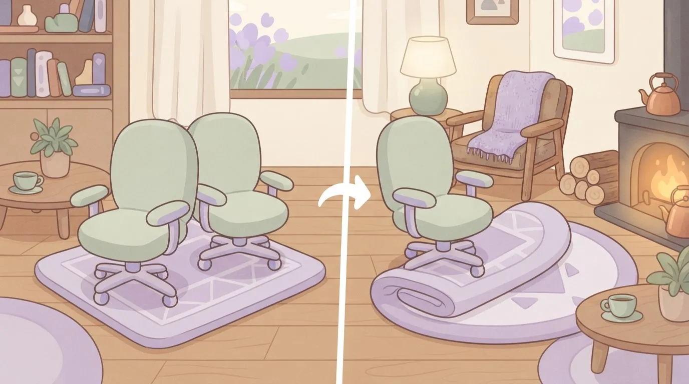 A single office chair sitting on a rug; the rug is being folded in half so that a second, identical chair must now squeeze…