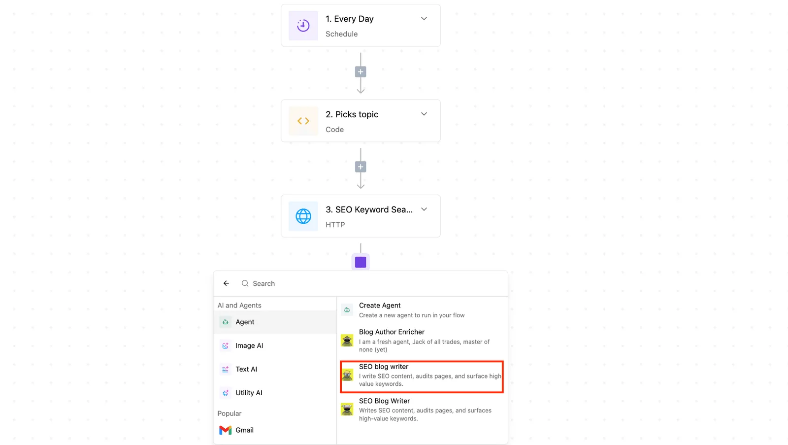 Activepieces workflow builder showing a three-step AI agent flow with a sidebar panel displaying available AI agent options.
