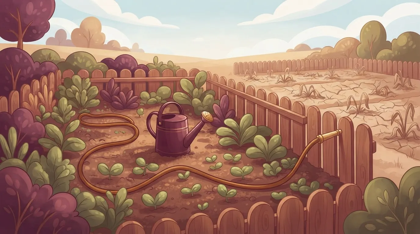 Hose ending at a fence with gardens beyond