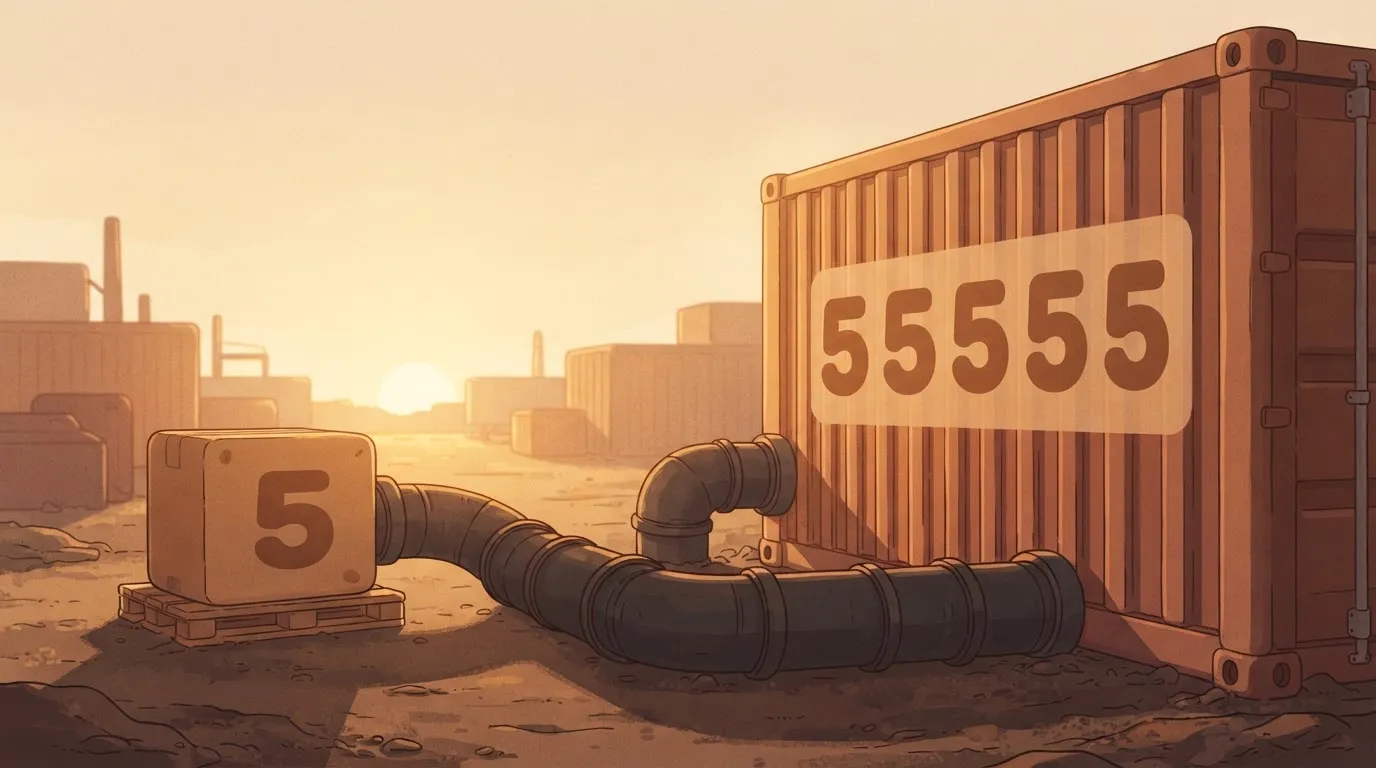 A small, thin cardboard box labelled with a single digit, connected by a wide, heavy industrial pipe to a massive shipping…