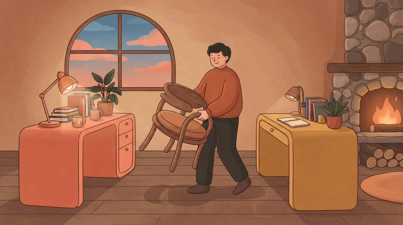 A single desk chair sitting between two different desks, with a person physically lifting the entire chair to move it back…