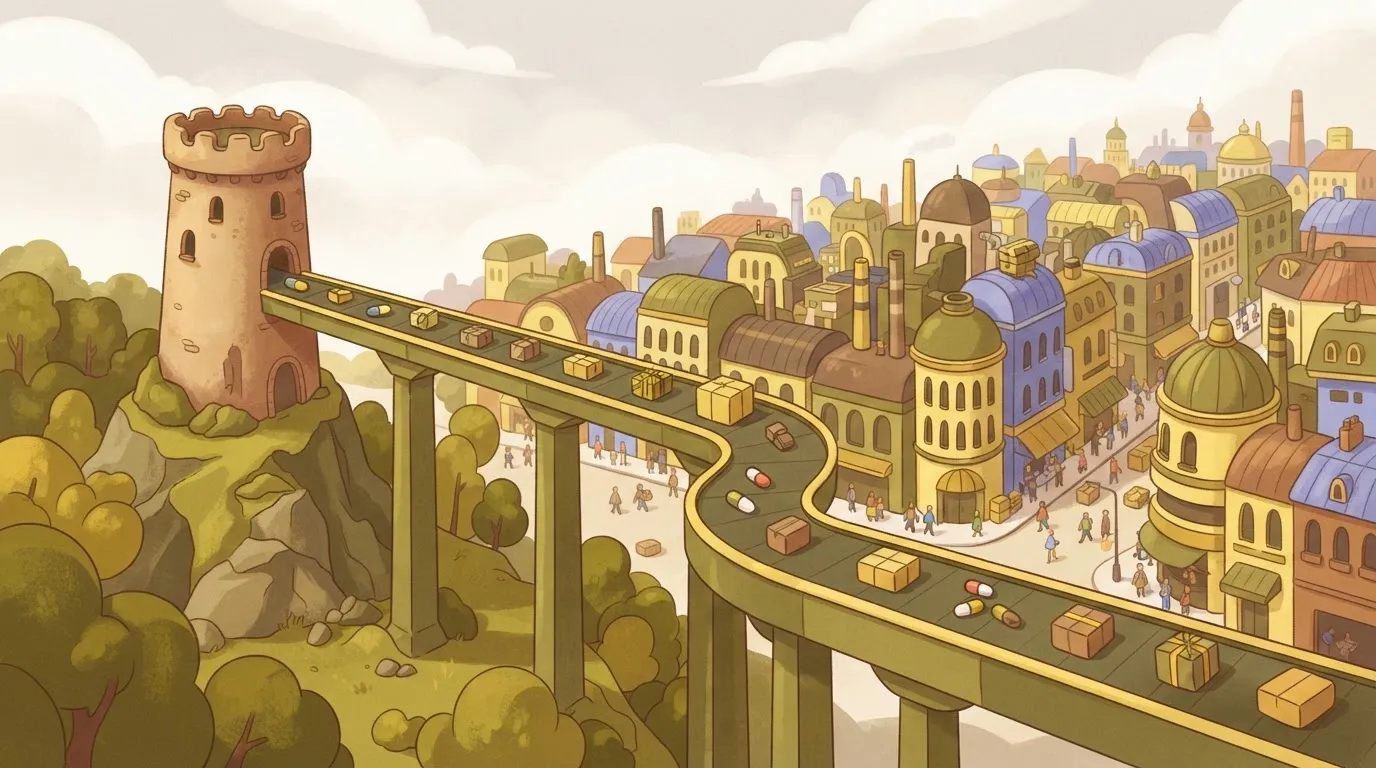 A long, elevated conveyor belt bridge connecting a lonely, high-walled tower to a bustling city center, with small packages…
