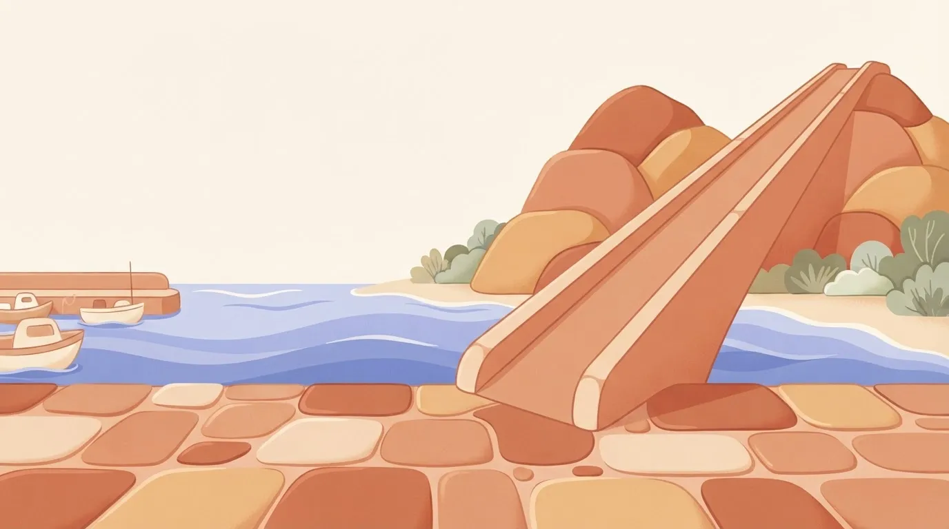 A flat stone floor that, at a certain point, turns into a steep upward ramp that follows the slope of a mountain.
