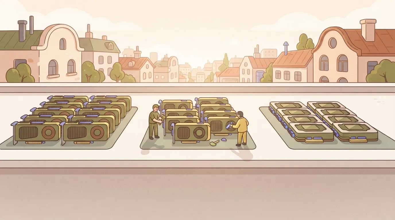 Groups of GPU cards on a bench