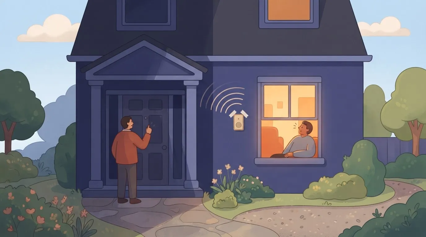 A taped-on temporary doorbell beside a dark house with a visitor at the door.