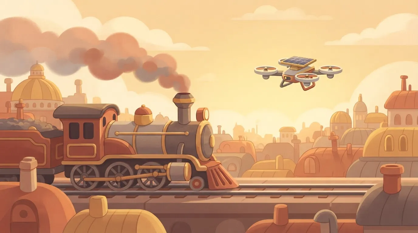 A heavy, cast-iron steam engine locomotive moving slowly on one track, while a lightweight solar-powered drone flies…