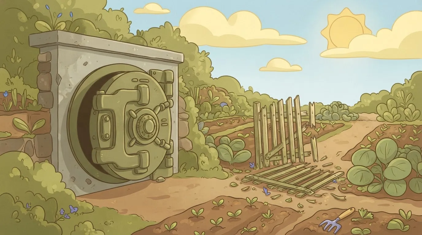 A heavy armored vault door with a complex mechanical dial stands slightly ajar.