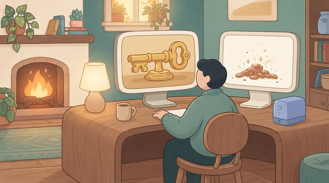 A person at a desk looks at two monitors: one displays a giant, heavy golden key (representing a single login), while the…