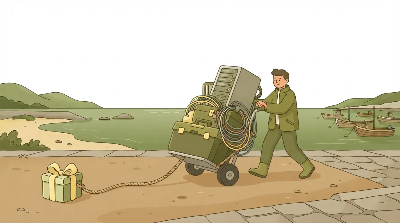 A small gift box with a bow on the floor, towed by a long rope behind it is a huge trolley piled with a server tower…