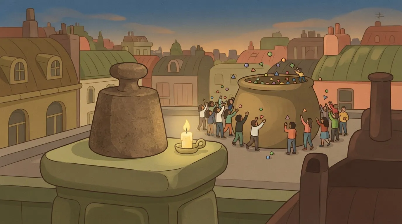 A large, heavy stone weight sitting on a pedestal next to a small flickering candle; a crowd of people are throwing small…