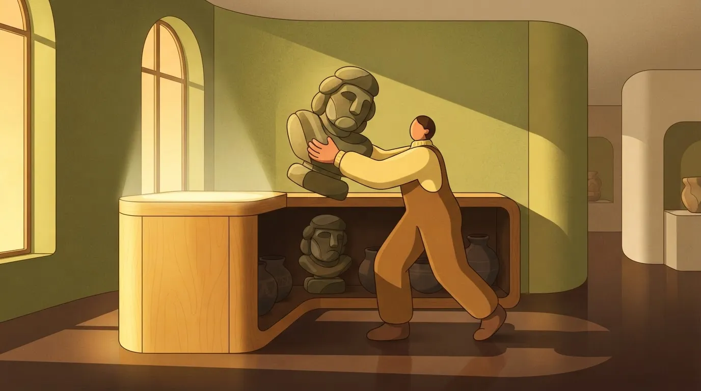 A person moving a heavy stone bust from a high, brightly lit pedestal to a low, shadowed shelf underneath the same display…