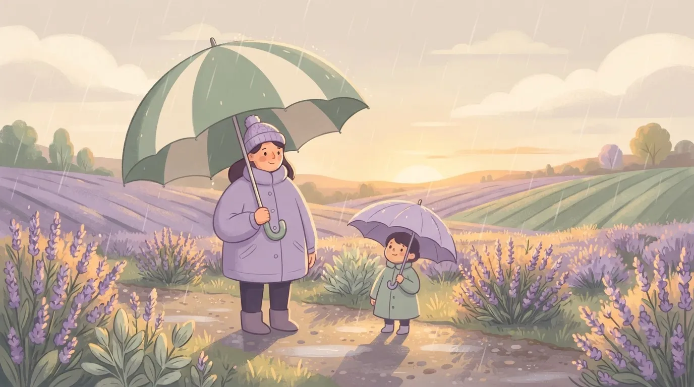 Person with oversized umbrella in light drizzle