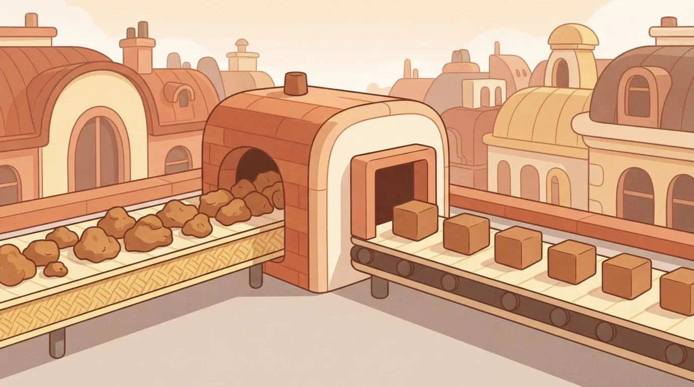A conveyor belt carrying raw, lumpy clay into a machine; the machine has a rigid, square-shaped exit, and every piece of…