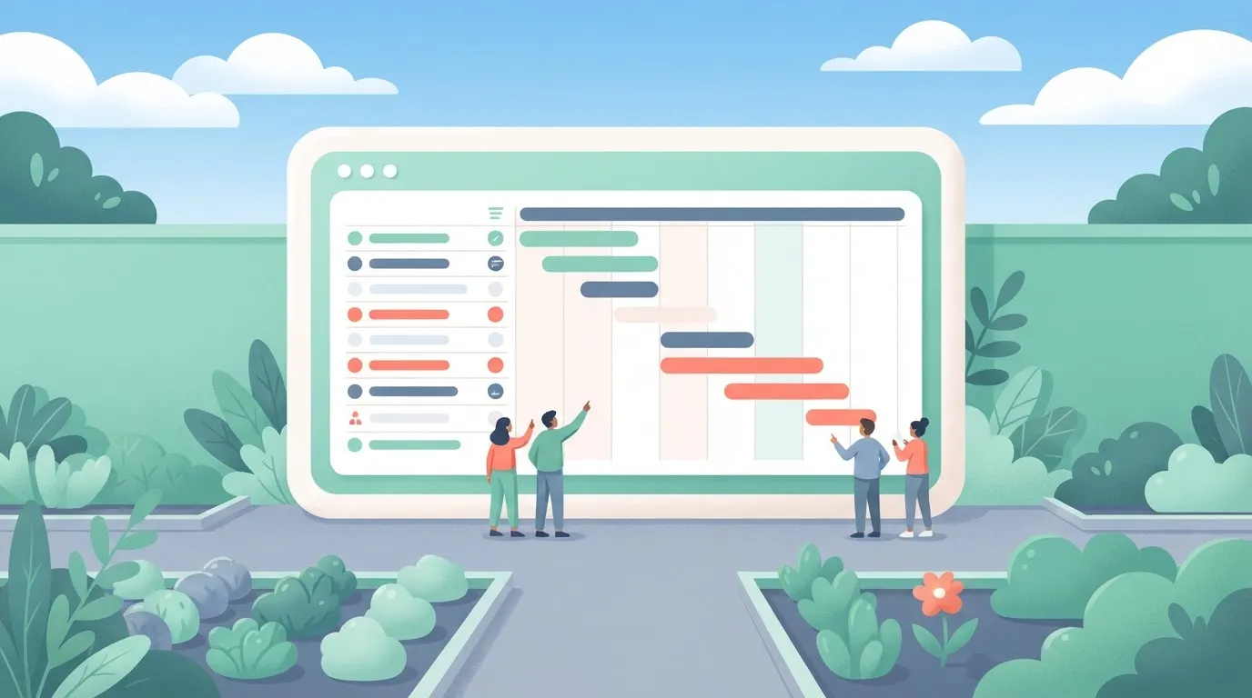 A digital Gantt chart displayed on a screen, with horizontal bars representing a master feature set, positioned next to a…