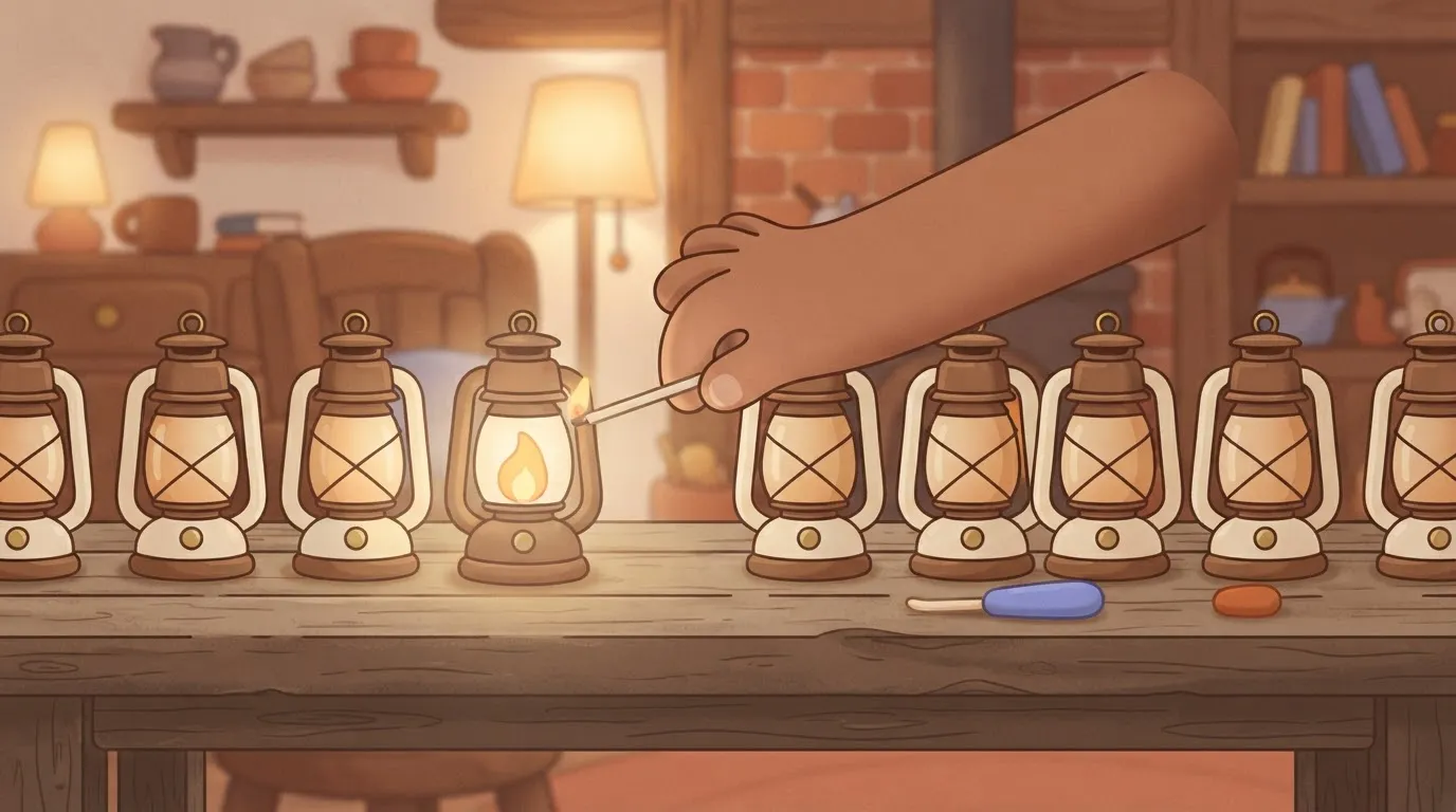 A row of identical lanterns where only one is lit, and a hand is reaching out to light the next one in the sequence from…