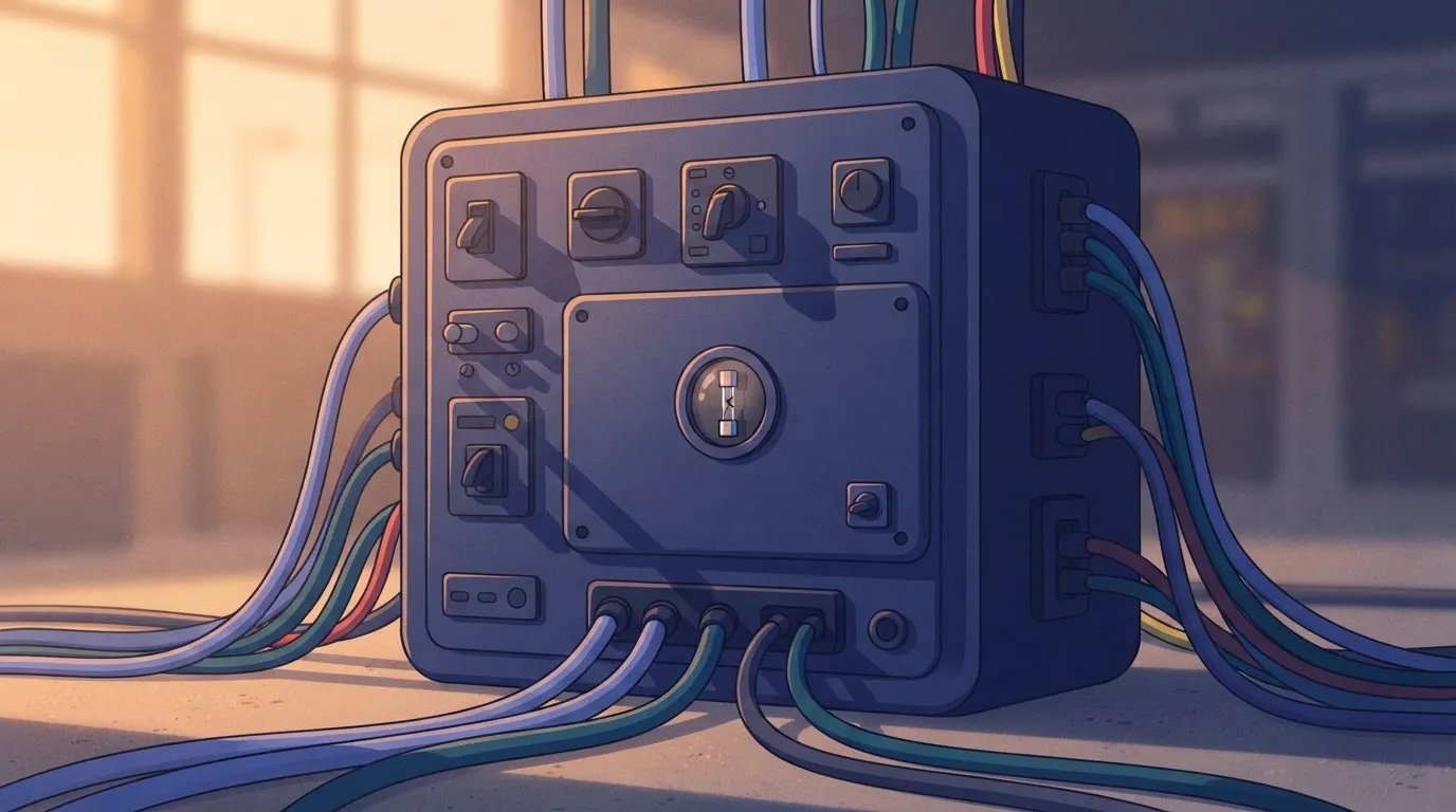 A large, heavy-duty electrical cabinet with dozens of thick cables plugged in and functioning, but the entire unit is…