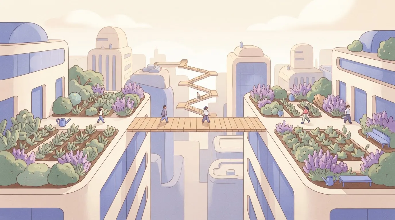 A bridge consisting of a single, perfectly straight plank connecting two distant skyscraper rooftops, replacing a long…