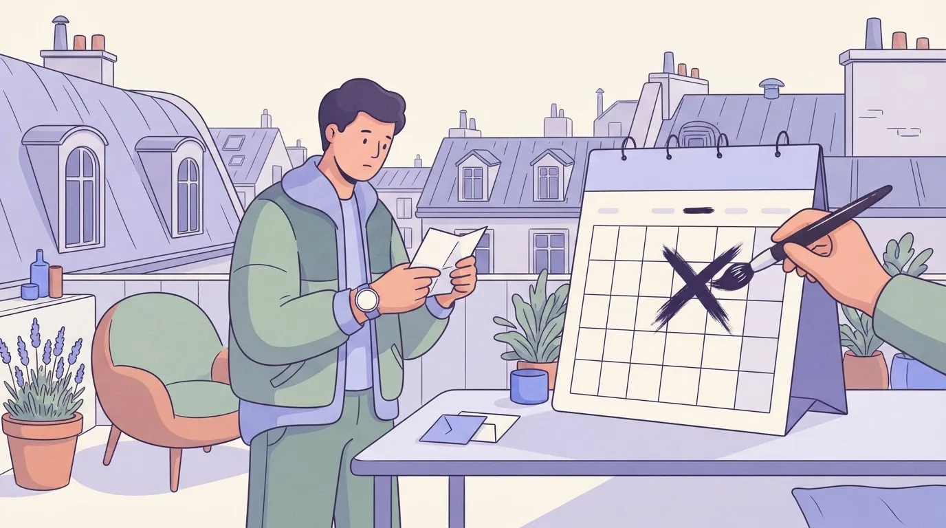 A person checking a wristwatch that has no hands, standing next to a large calendar where the current day is being crossed…
