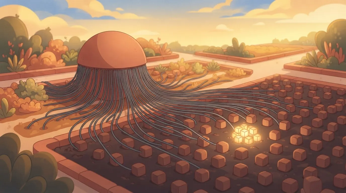 A central spherical hub with hundreds of thin cables extending outward to a vast field of small cubes, with only a tiny…