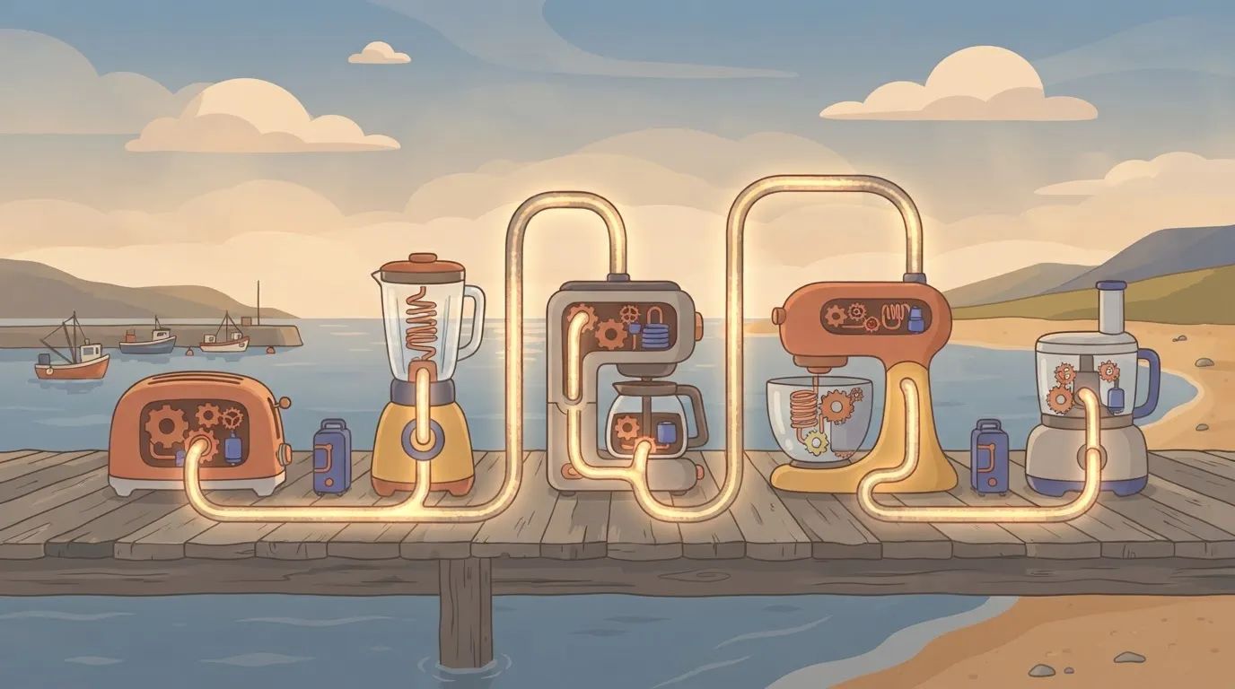A row of several different household appliances (a toaster, a blender, a coffee maker) all connected by a single…
