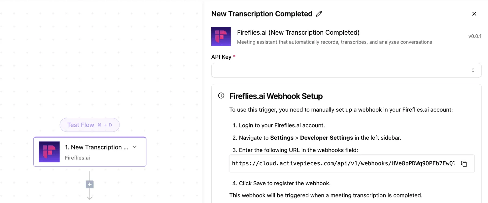 Activepieces workflow builder showing a Fireflies.ai trigger configuration with webhook setup instructions