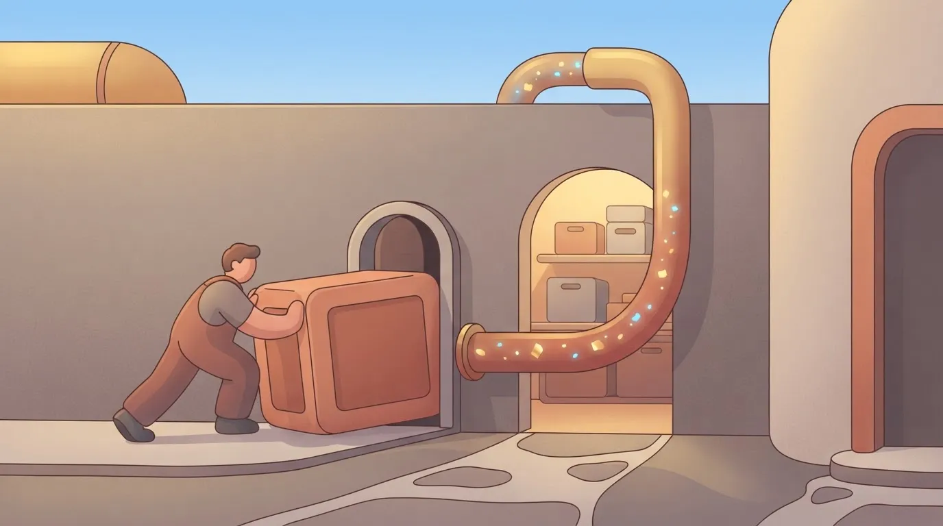A person is trying to push a large, heavy crate through a small doorway, but a pipe bypasses the wall entirely, carrying…