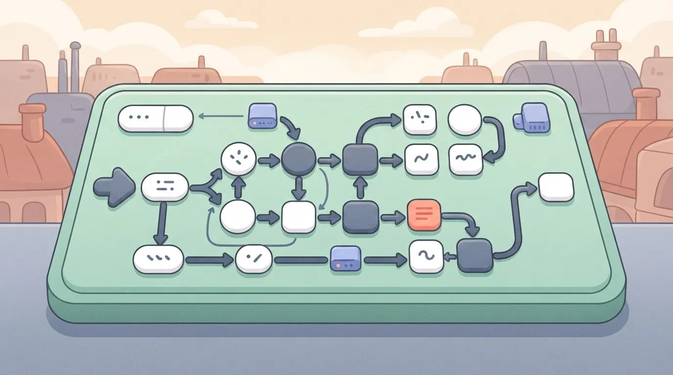 A diagram of a state machine as seen on a dashboard, with interconnected nodes and directional arrows showing a logical flow.