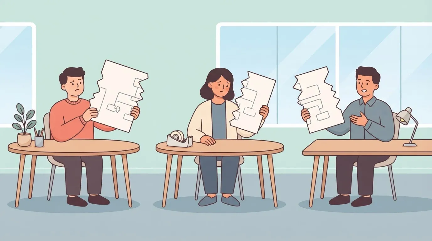 Three people at separate desks each holding a different torn third of the same large drawing, the edges clearly not…