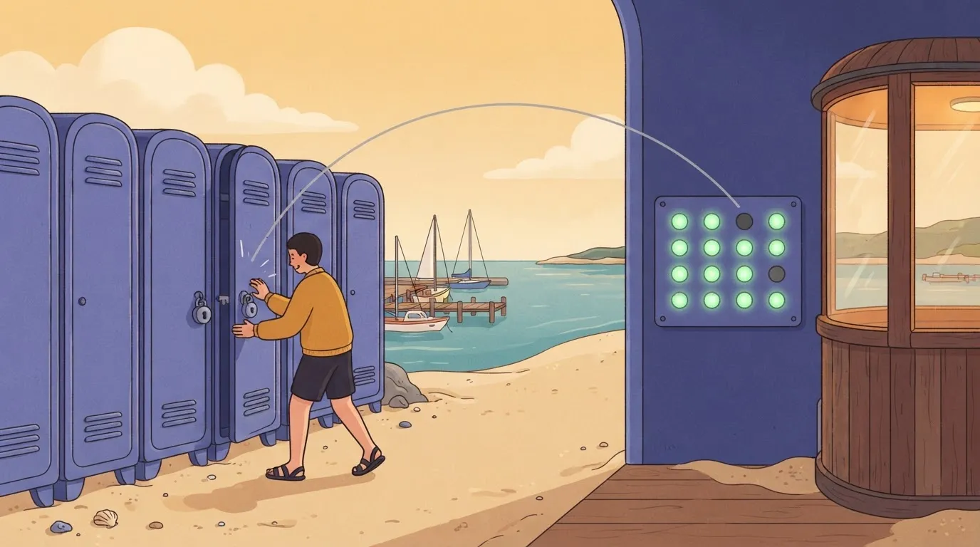 A row of lockers where, as one locker door is slammed shut and locked, the corresponding light on a central control board…