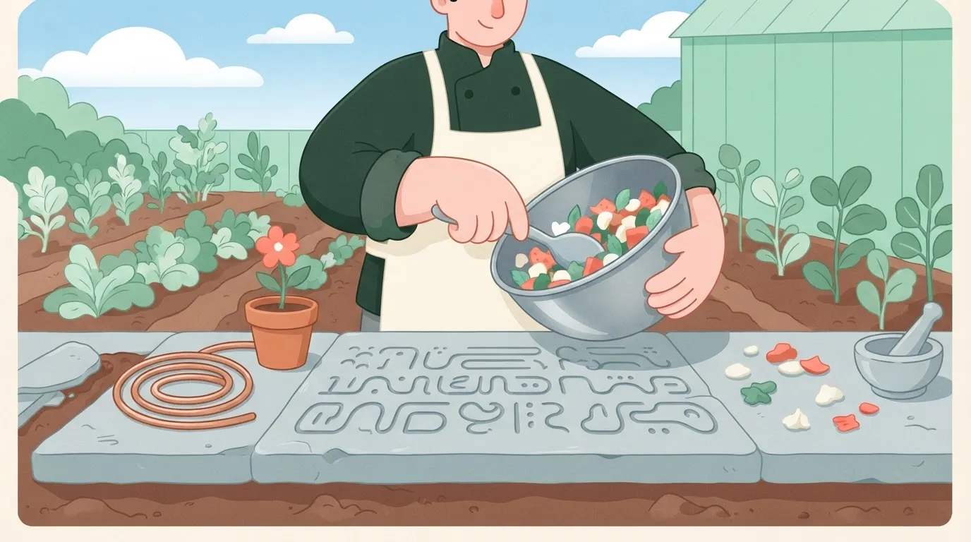 A chef preparing a meal where the recipe is engraved into the stone countertop, while the shifting, loose ingredients are…