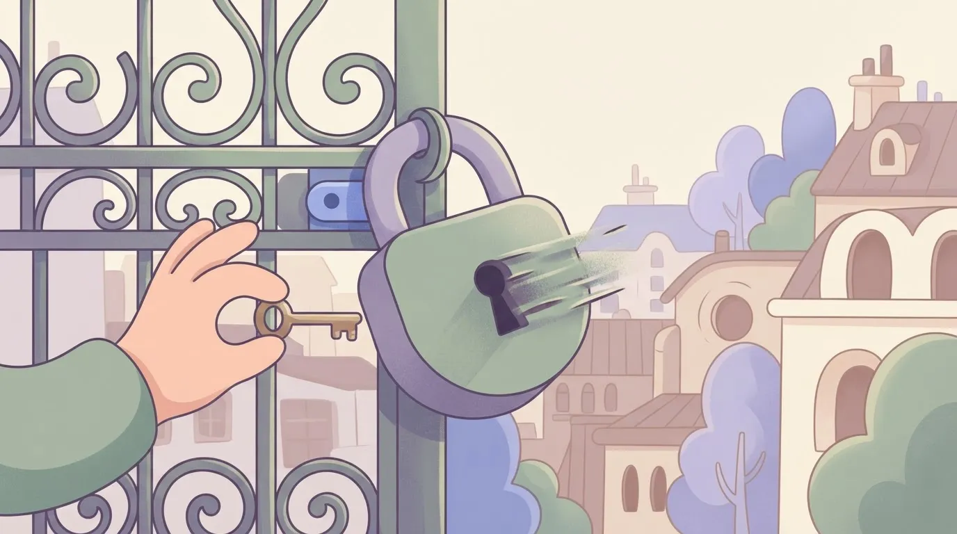 A heavy metal padlock on a gate where the keyhole is physically shifting and sliding across the surface of the lock, moving…