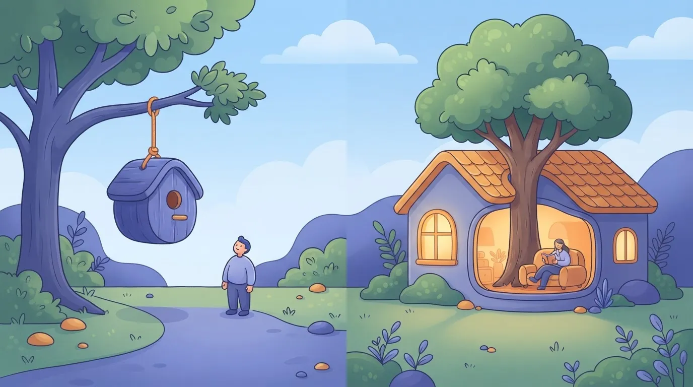 A side-by-side comparison: on one side, a small bird house hanging from a branch (Plugin); on the other, a house where the…