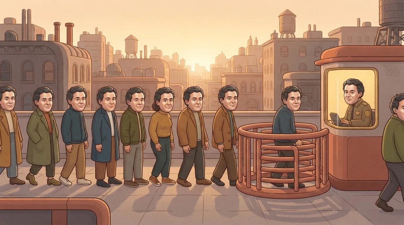 A long line of different people all wearing the exact same rubber mask of one man's face as they walk through a security…