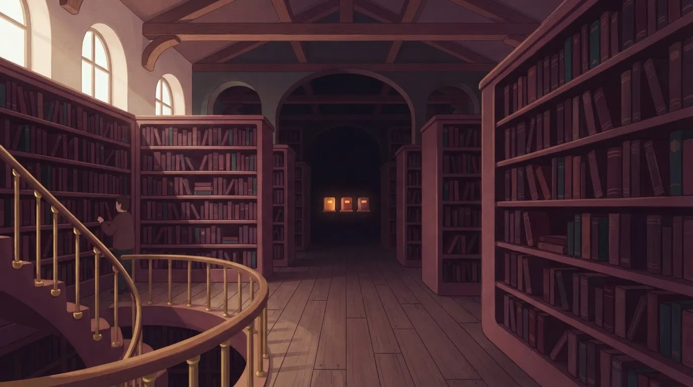 A massive library with floor-to-ceiling shelves stretching into the distance, where only three specific books are glowing…