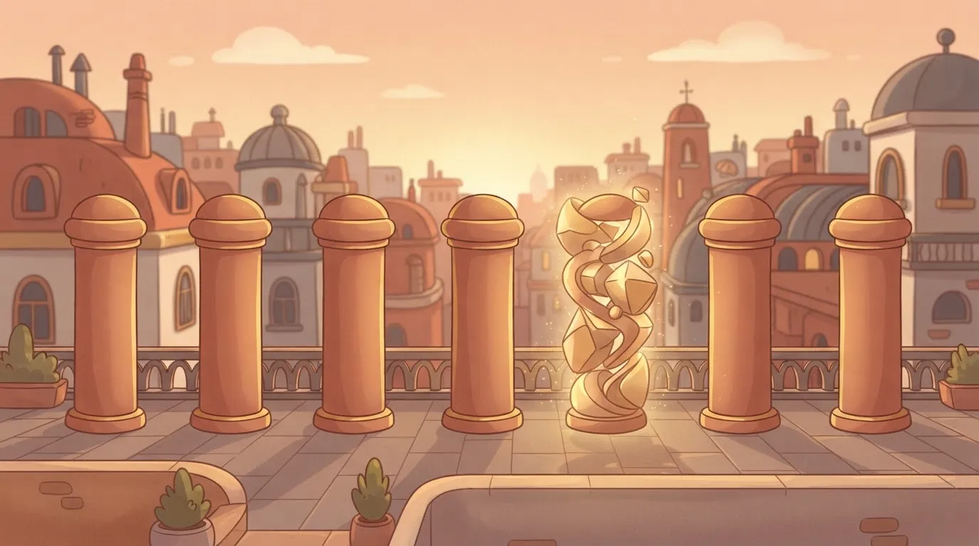 A row of identical-looking stone pillars where one pillar is slowly and silently changing its shape into a different…