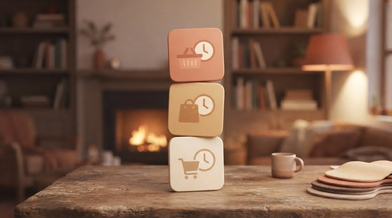 A series of three small, square cards representing an 'integration' with an 'e-commerce' platform, stacked vertically with…