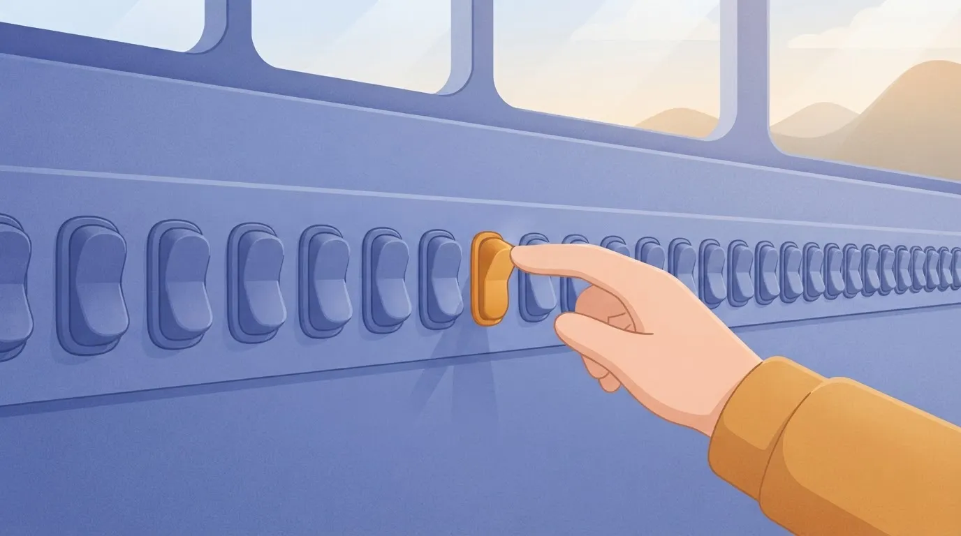 A row of many identical toggle switches on a wall, with only one switch painted a bright, contrasting color and a hand…