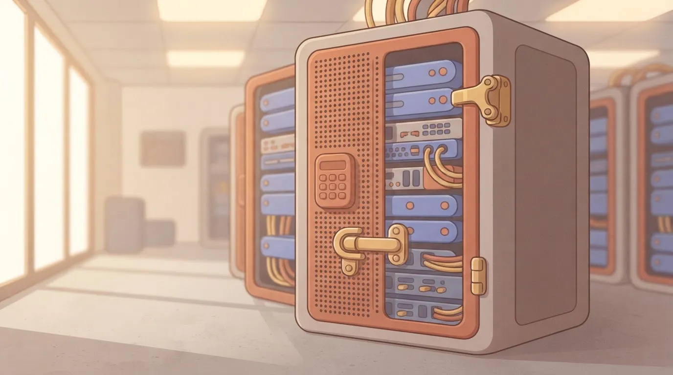 A large server rack with several physical access controls, such as a keypad and a heavy manual bolt lock on the door.