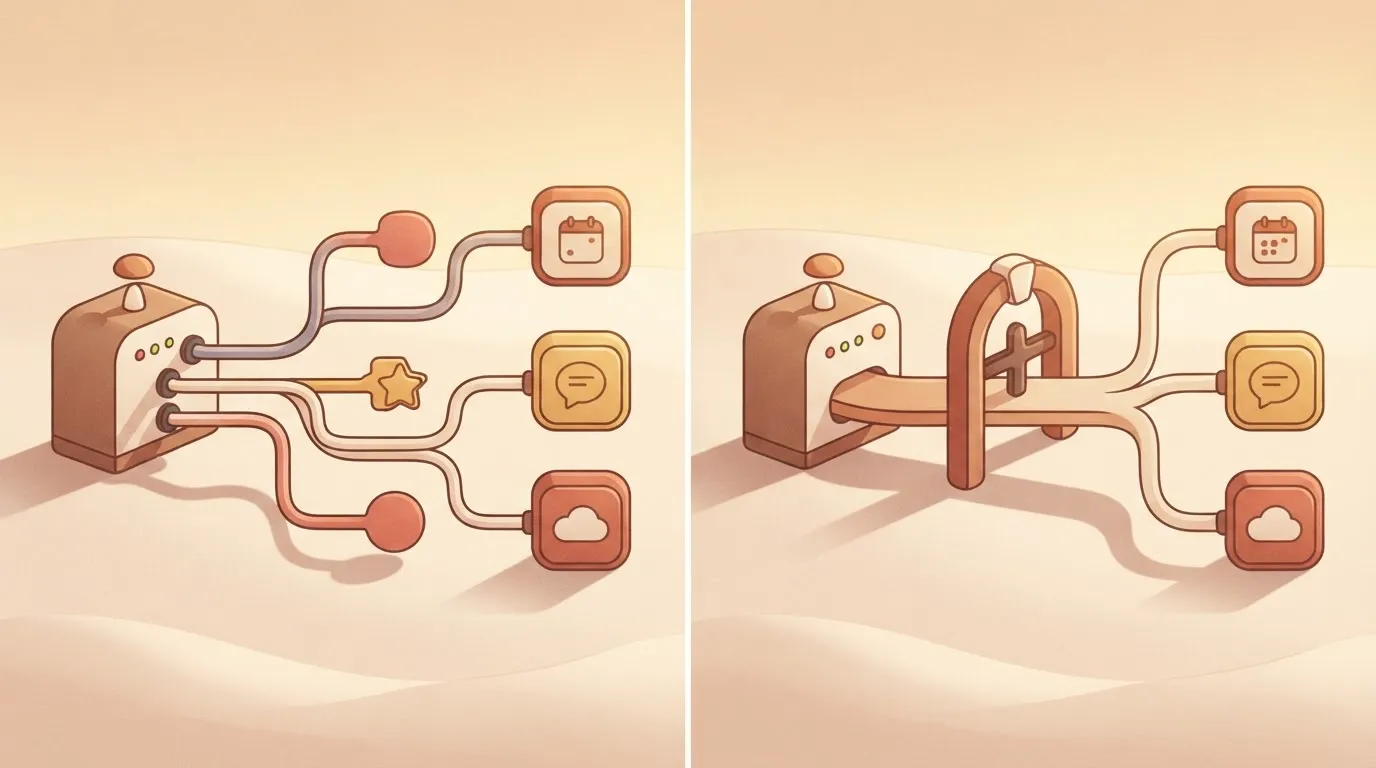 Diagram of three separate keys versus one gate between automation and three apps