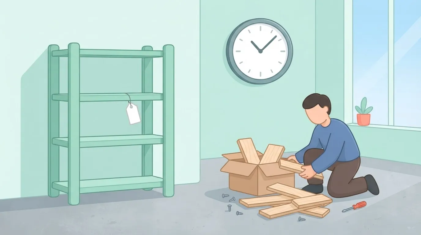 Built shelf beside loose planks and a person assembling under a clock